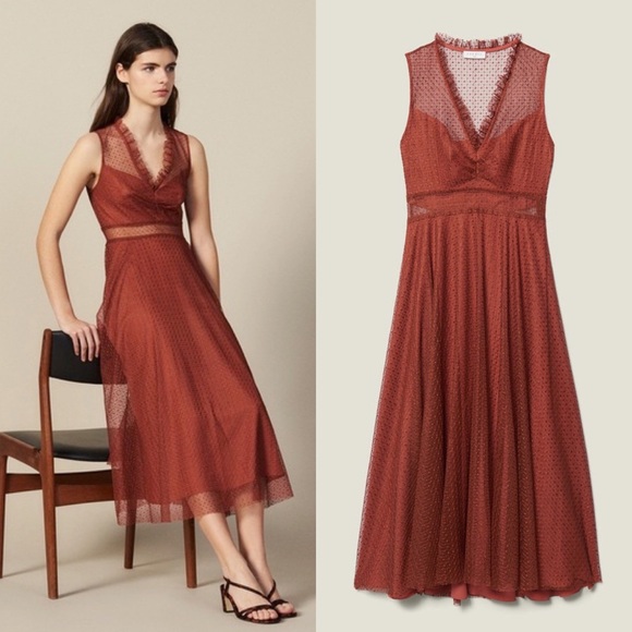 NWT✨ Sandro Cassy Tulle Midi Dress in Rust - Picture 1 of 10